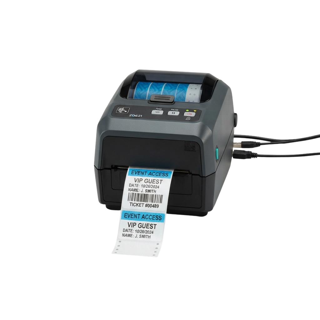 A label printer producing event access tickets for VIP guests, showing two printed tickets with barcodes and text details.