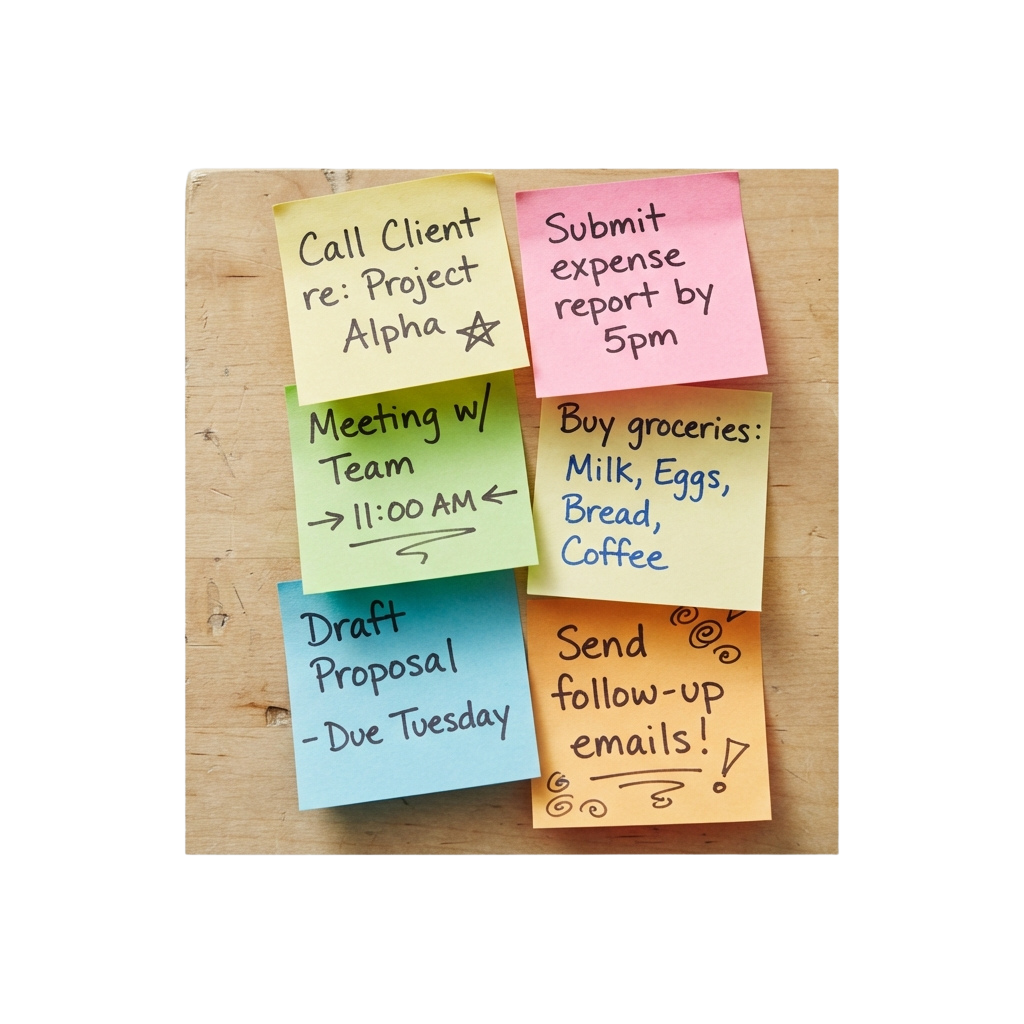 Six sticky notes on a wooden board listing tasks like calls, meetings, grocery shopping, and deadlines.