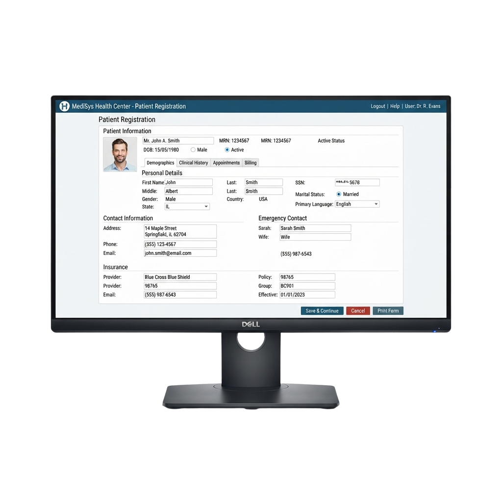 Screenshot of a patient registration form on a computer screen showing personal and insurance details.