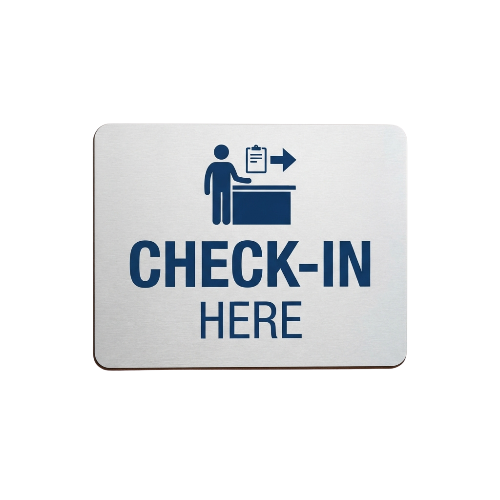 A sign instructing people to check-in at a desk with a person holding a clipboard icon above the text.