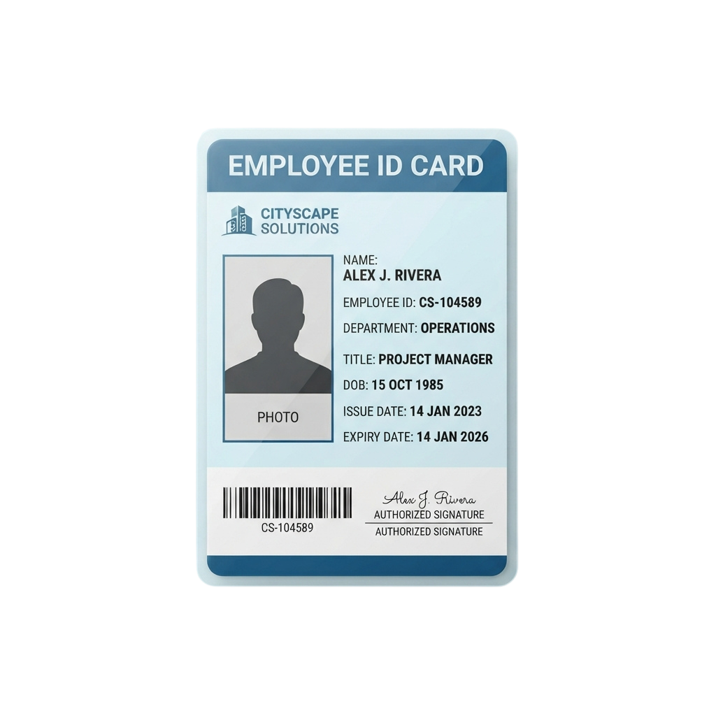 Employee ID card showing name, ID number, department, job title, and issue/expiry dates with a placeholder photo.