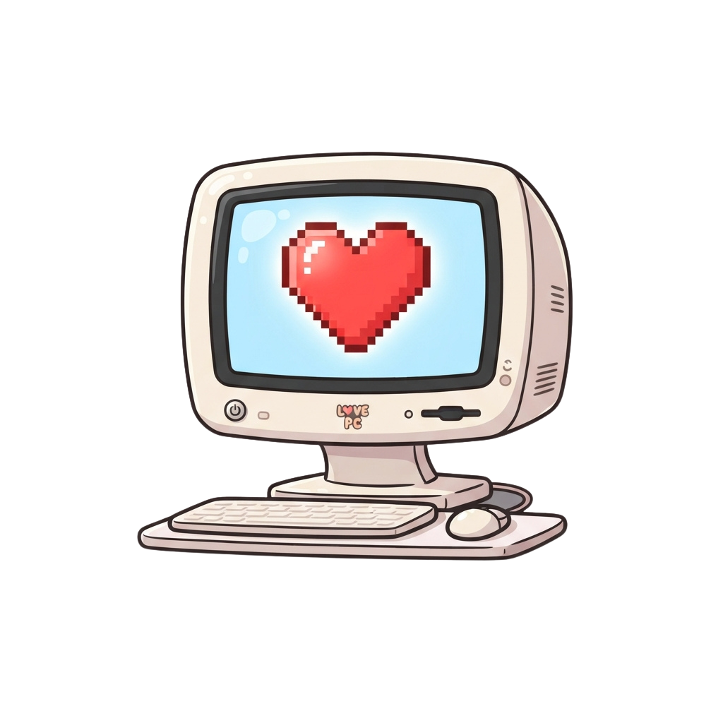 A retro-style computer monitor displaying a pixelated red heart on a blue screen