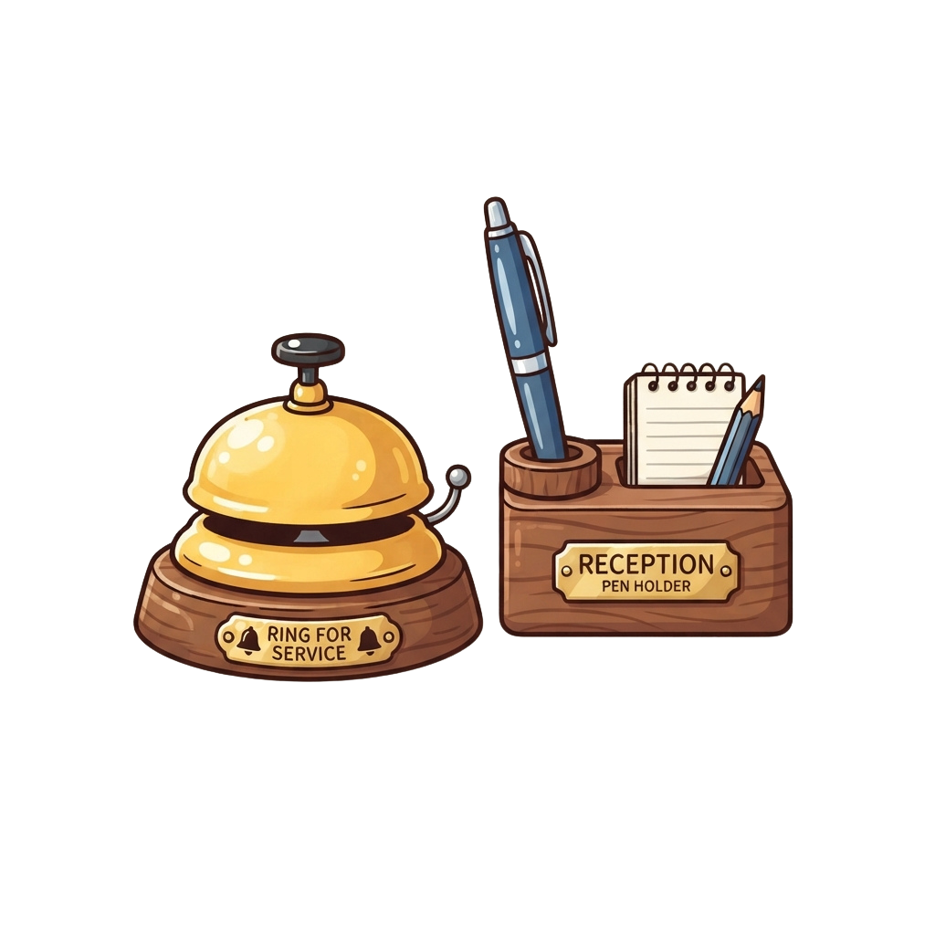 Illustration of a gold bell labeled Ring for Service and a wooden pen holder with a pen and notepad labeled Reception Pen Holder