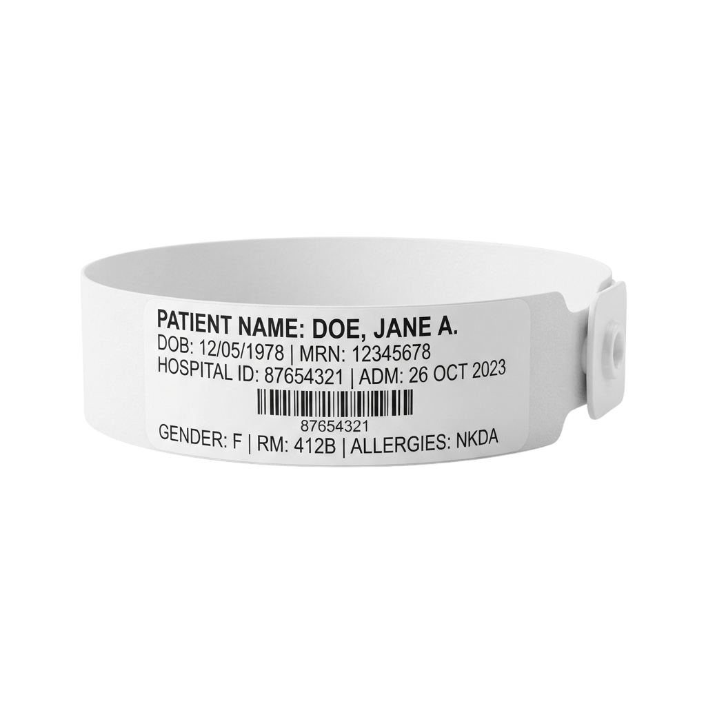 White patient wristband displaying medical information and a barcode