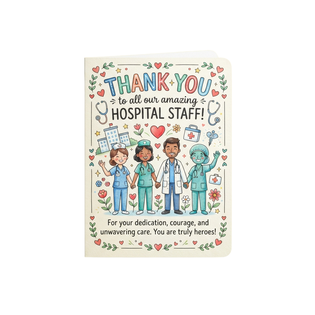 Illustrated thank you card for hospital staff with four healthcare workers waving and smiling