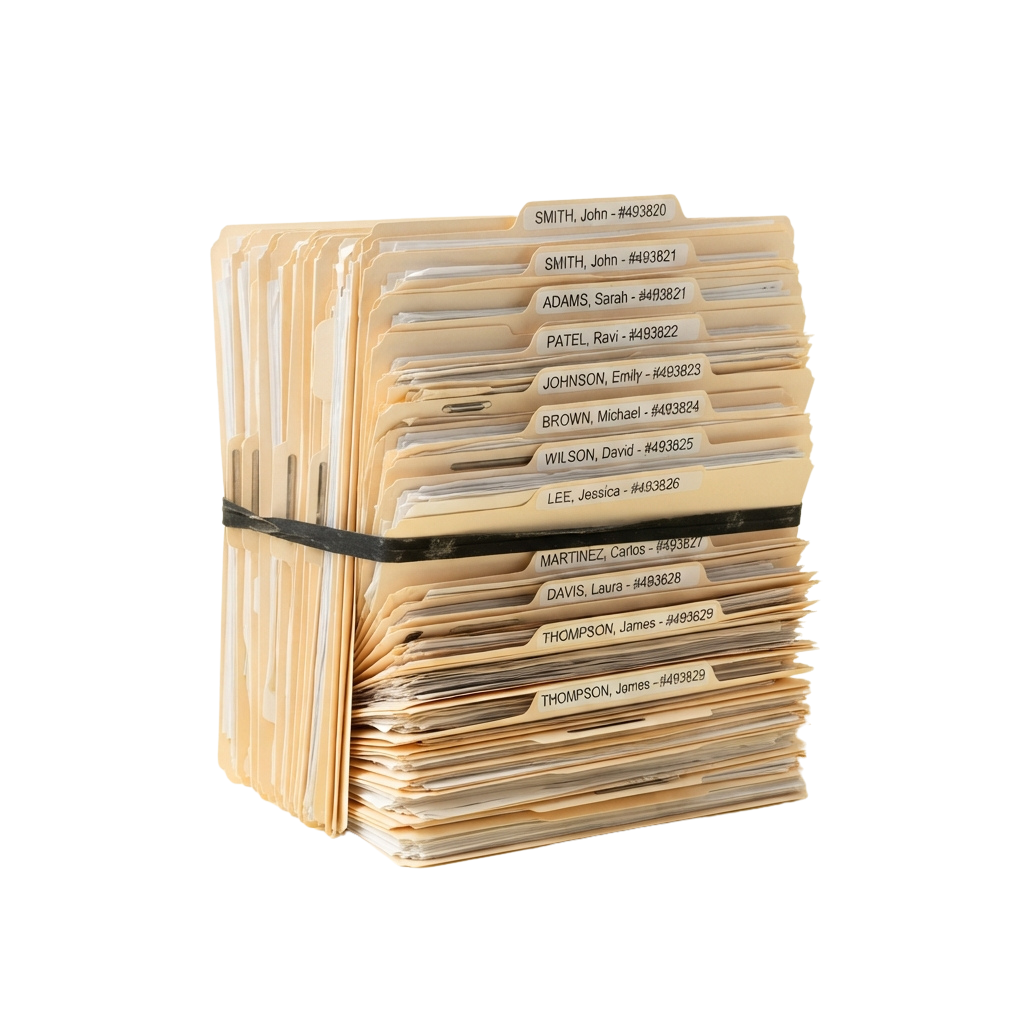 Stack of beige file folders bound together, each labeled with names and numbers