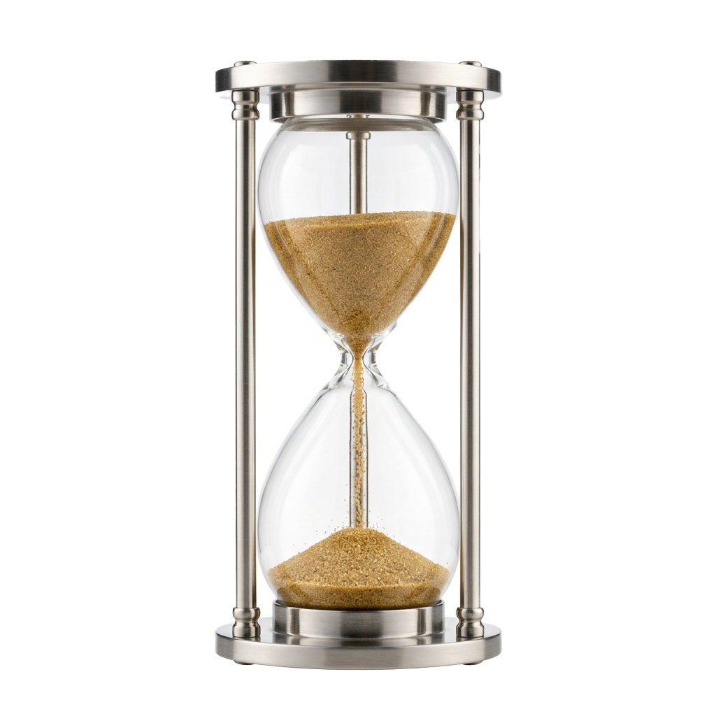 A clear glass hourglass with sand flowing between two chambers, framed in metallic silver.