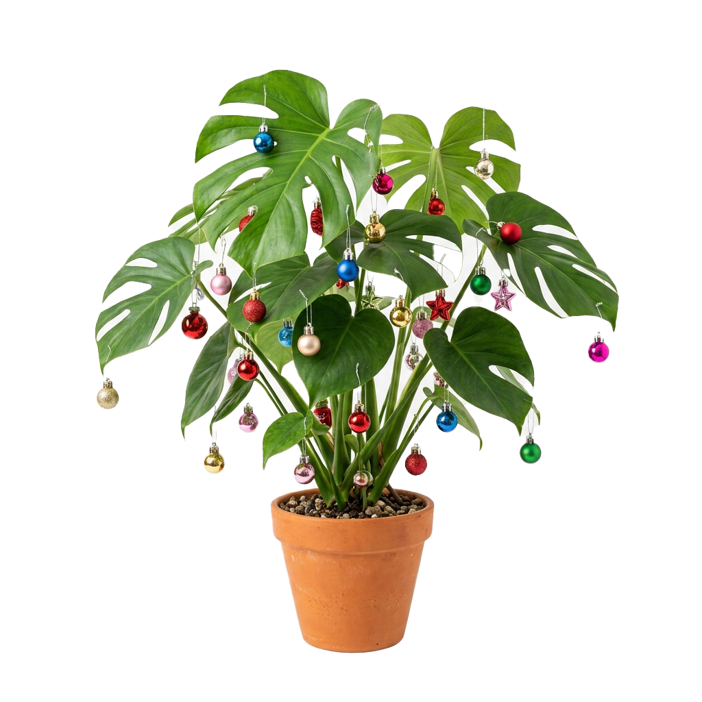 A potted green leafy plant adorned with colorful hanging ornaments in red, blue, gold, and green.