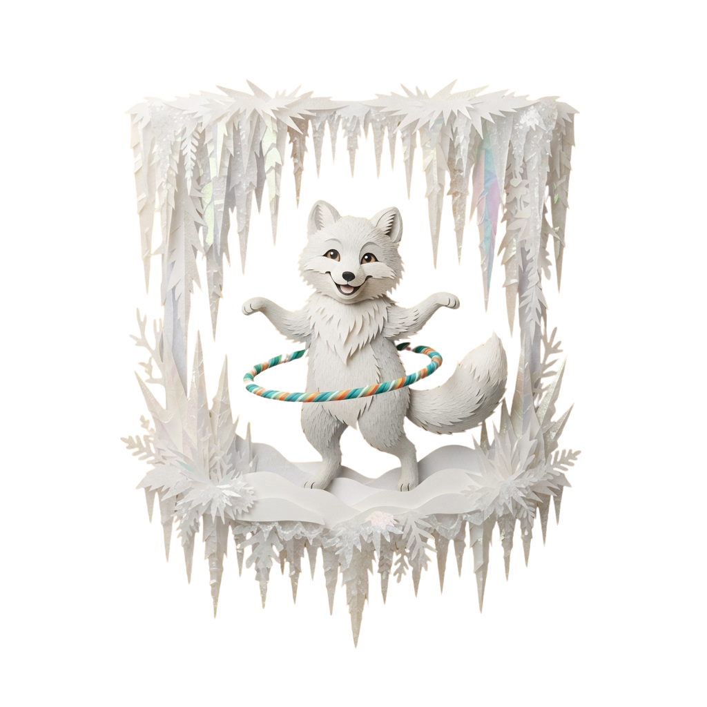 White arctic fox figure holding a colorful hula hoop surrounded by icy snowflakes and icicles