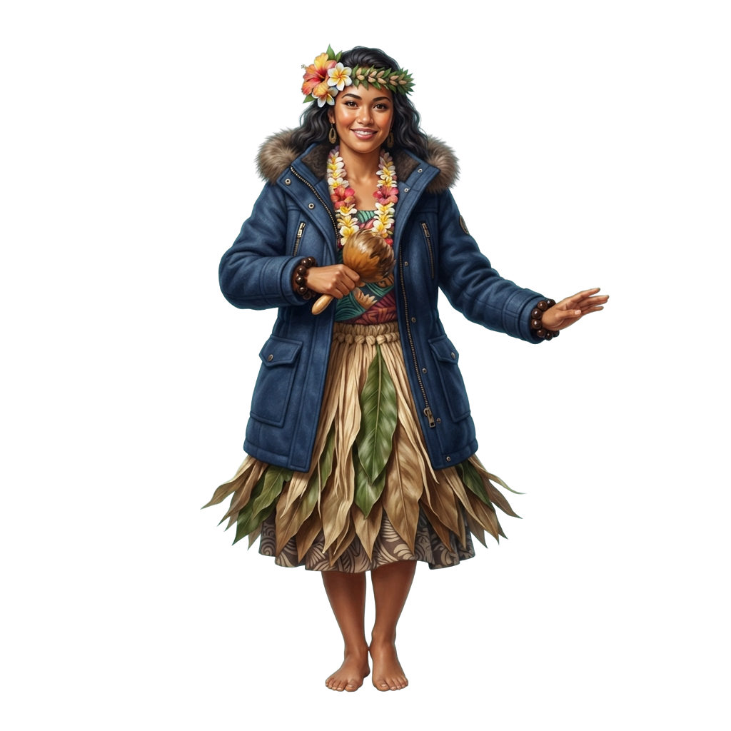 A woman in a blue coat, grass skirt, and colorful floral lei standing with one arm outstretched