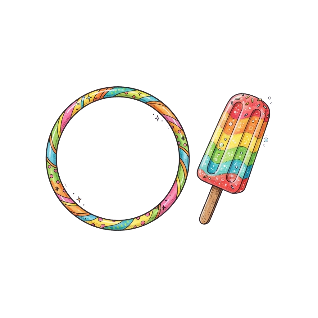 A vibrant ring with rainbow patterns and a matching rainbow ice pop on a stick.