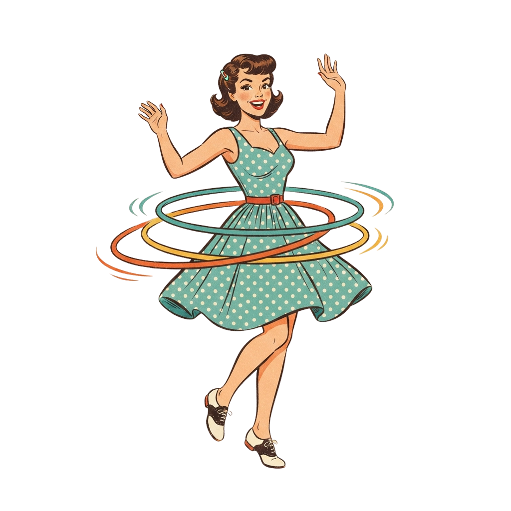 A cheerful woman in a polka dot dress hula hooping with three colorful hoops.