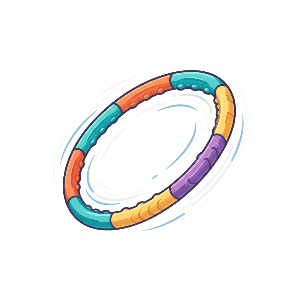Three interlocking resistance bands in teal, orange, and purple with white dotted edges