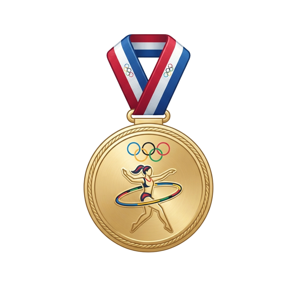 Gold Olympic medal featuring a rhythmic gymnast performing with a hoop and Olympic rings.