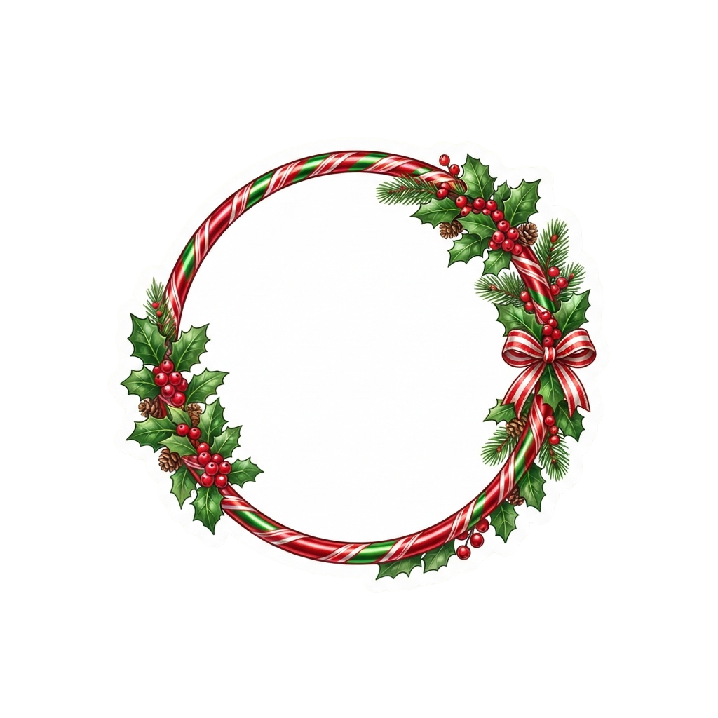 Decorative holiday wreath made of green holly leaves, red berries, and a red and green ribbon with a bow.