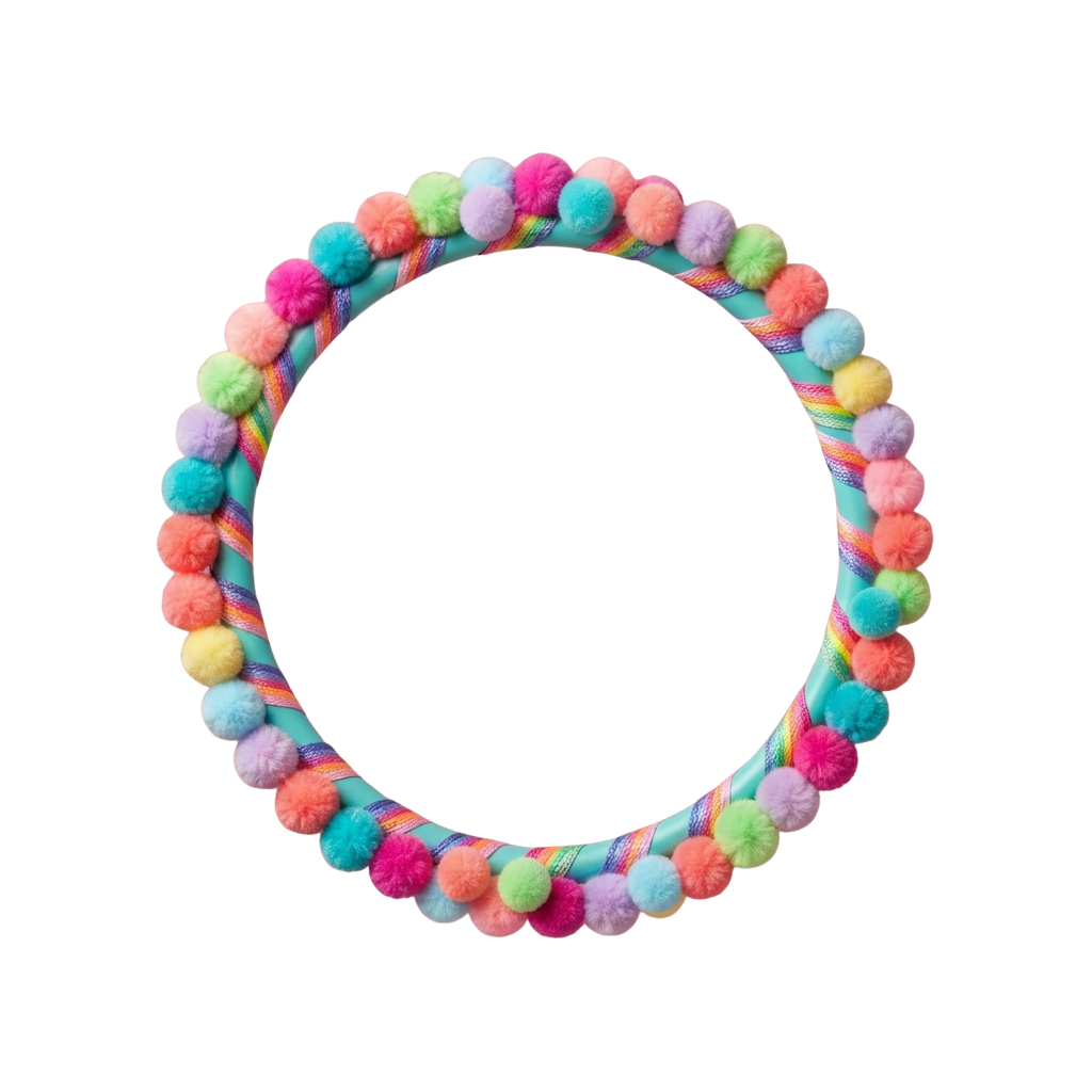 A vibrant beaded ring necklace made with multicolored pom poms arranged in a circular pattern