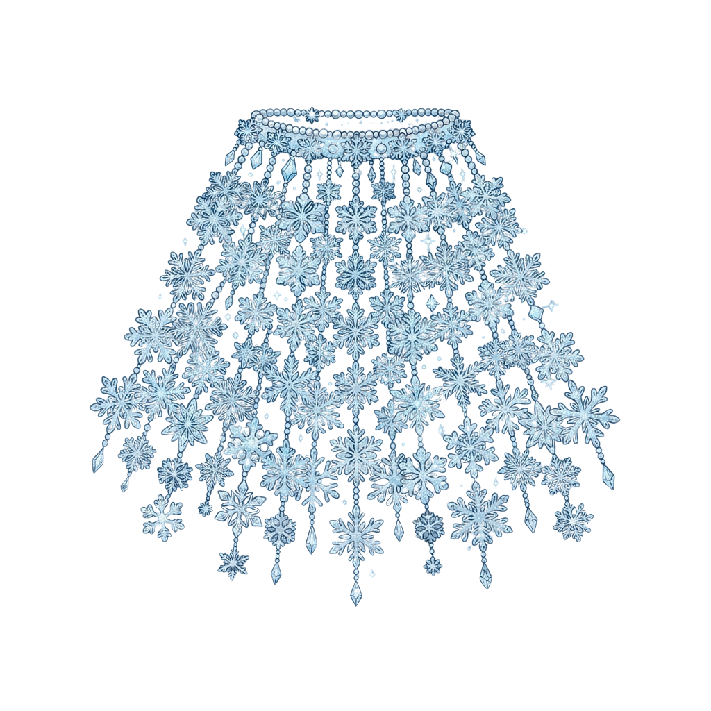 A blue lace skirt adorned with intricate snowflake patterns cascading down from the waist.