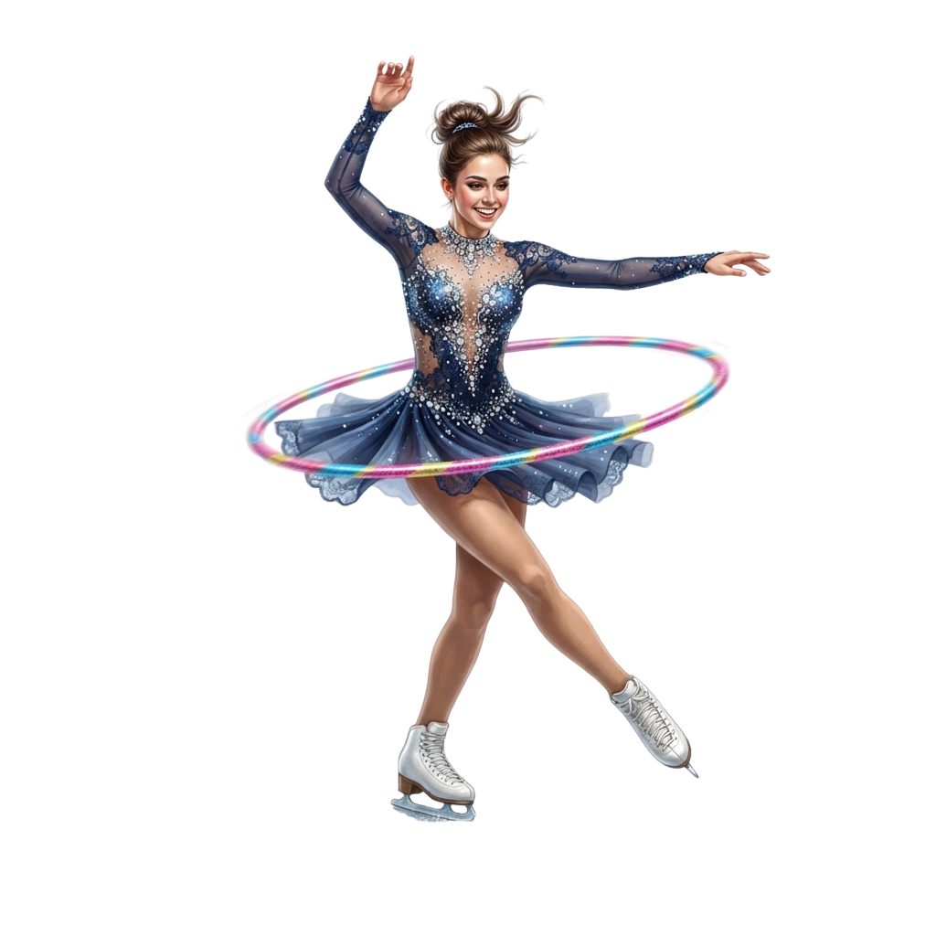 A figure skater in a sparkling costume spinning with a rainbow hoop on ice skates