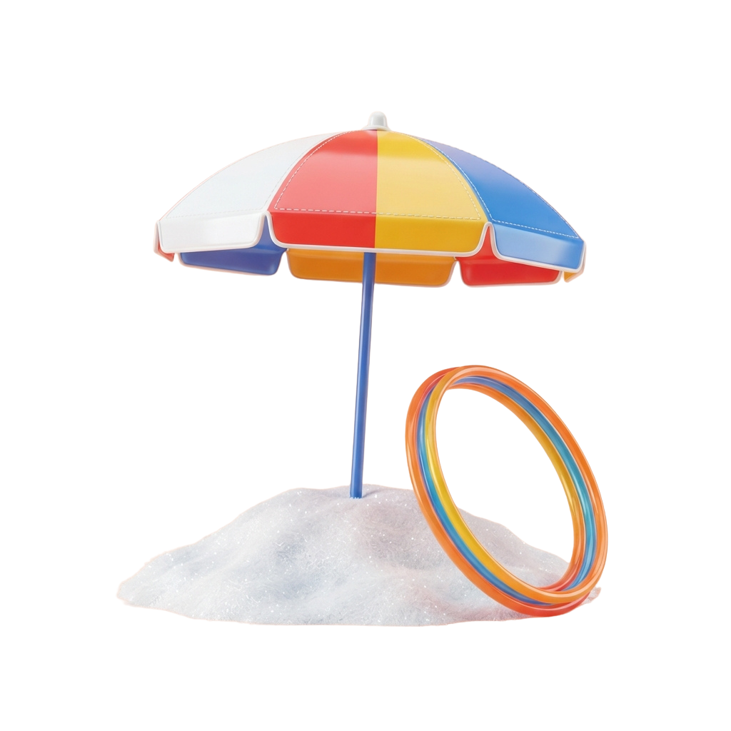 Bright beach umbrella with blue pole and multi-colored panels on a sand mound with a matching inflatable ring