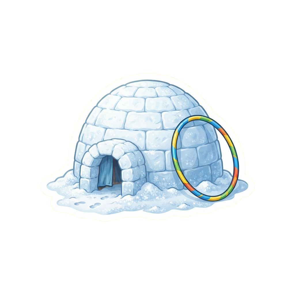 An illustrated igloo with a rainbow-colored circular doorway and a small entrance tunnel