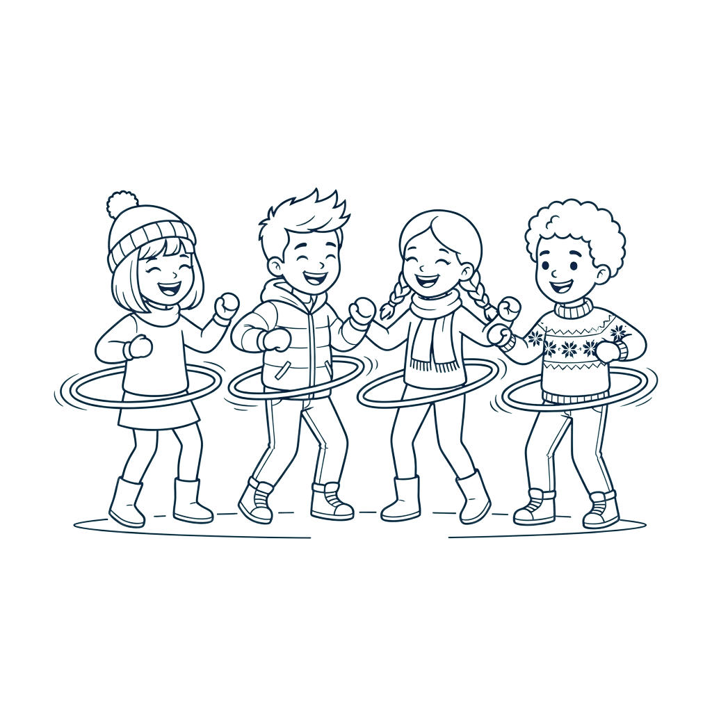 Four smiling children holding hoop skates, standing in a line with happy expressions