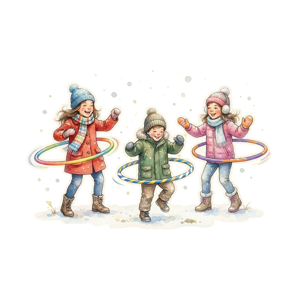 Three children smiling while playing with colorful hula hoops in snowy winter attire