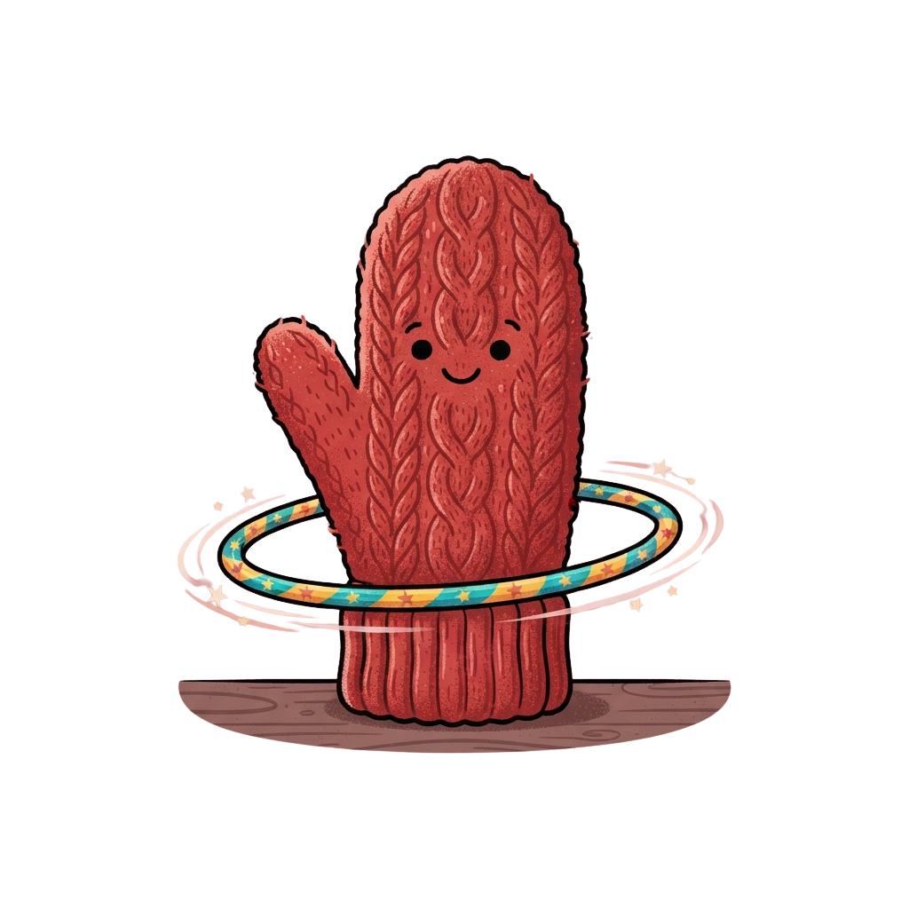 A cheerful knitted mitten character smiling while spinning a colorful hula hoop around its middle