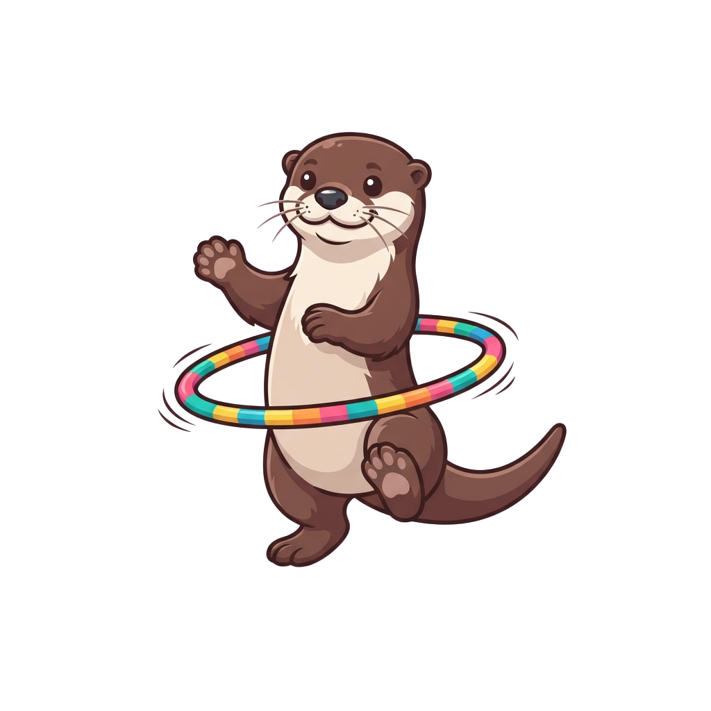 A smiling otter standing on hind legs holding a colorful hula hoop with front paws