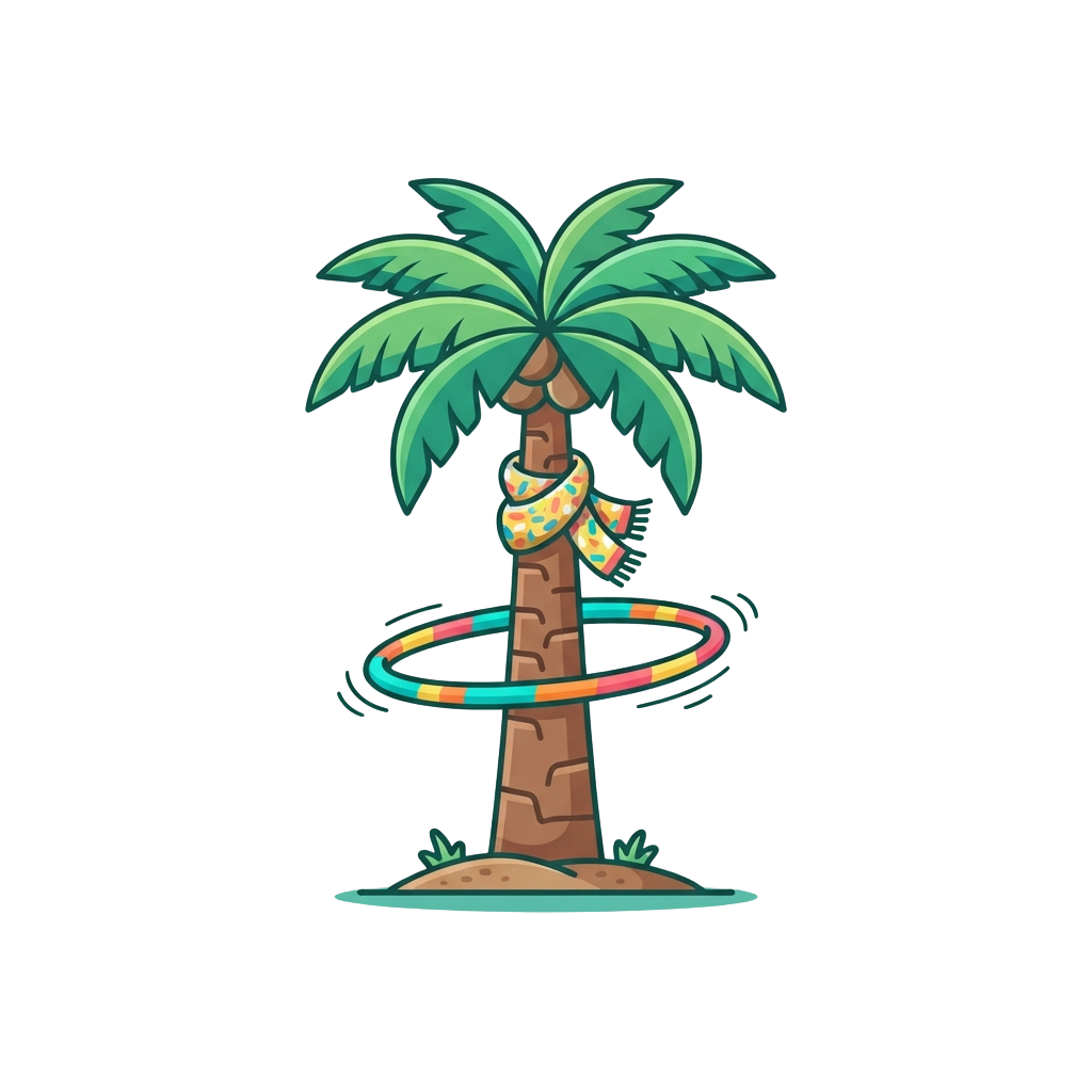A cartoon palm tree with a colorful hula hoop around its trunk and a patterned scarf tied around its middle.