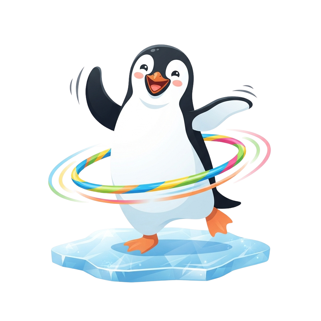 A cheerful penguin standing on an ice floe spinning a rainbow hula hoop with both flippers.
