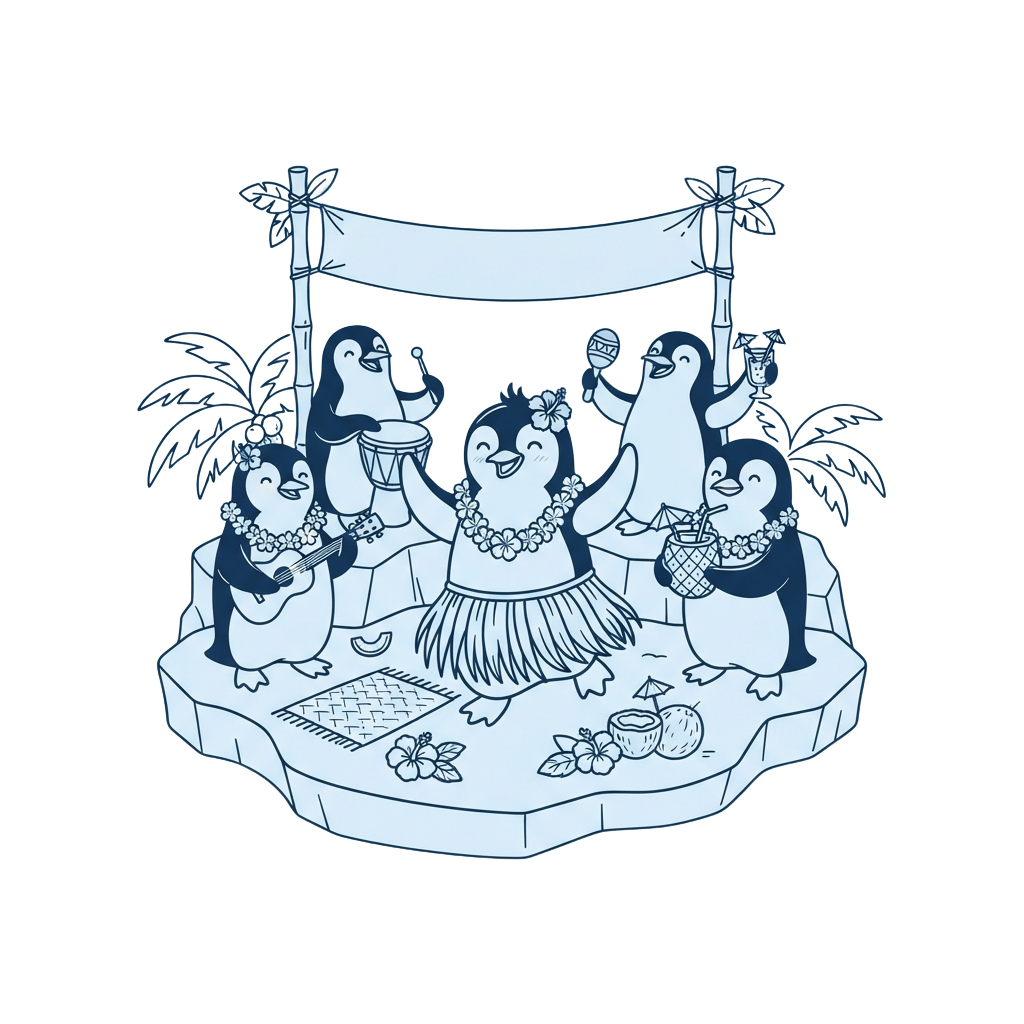 Five penguins dressed in tropical attire celebrating with musical instruments and leis on a stage with palm trees