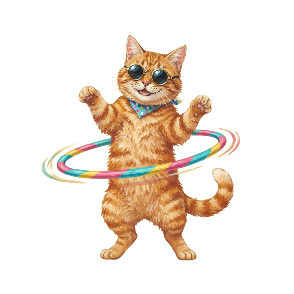 A cartoon ginger cat wearing sunglasses and a bowtie, spinning a rainbow hula hoop with arms raised