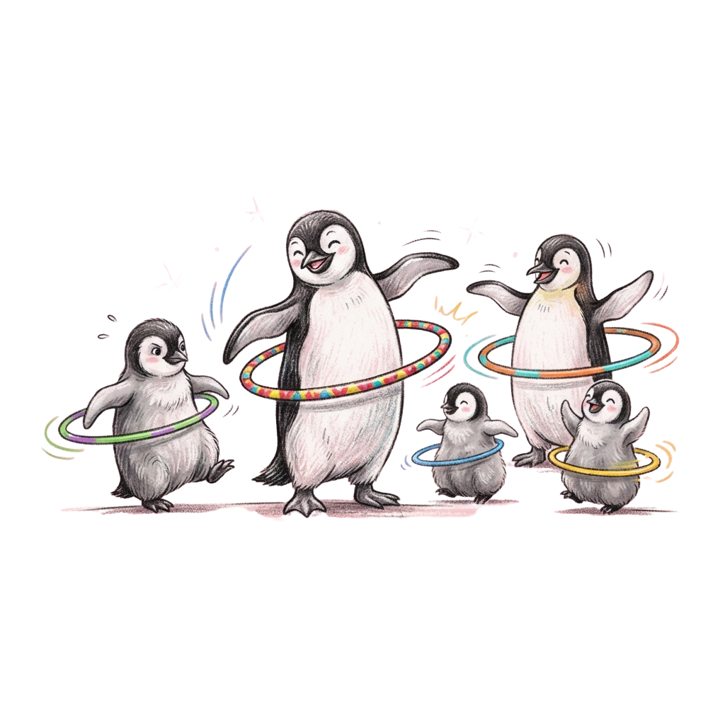 Four cheerful penguins balancing and spinning colorful hula hoops in a playful manner