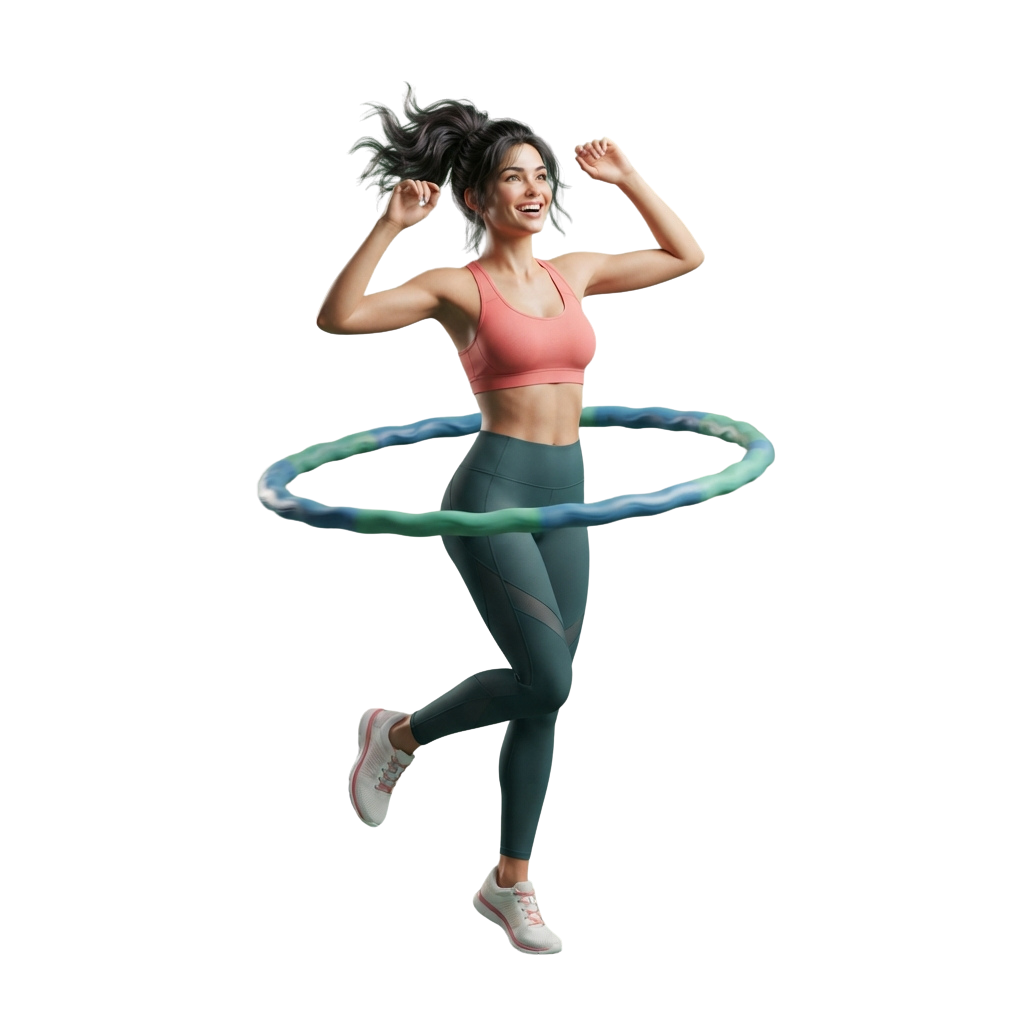 A woman in athletic wear using a colorful hula hoop for exercise, smiling and mid-motion.