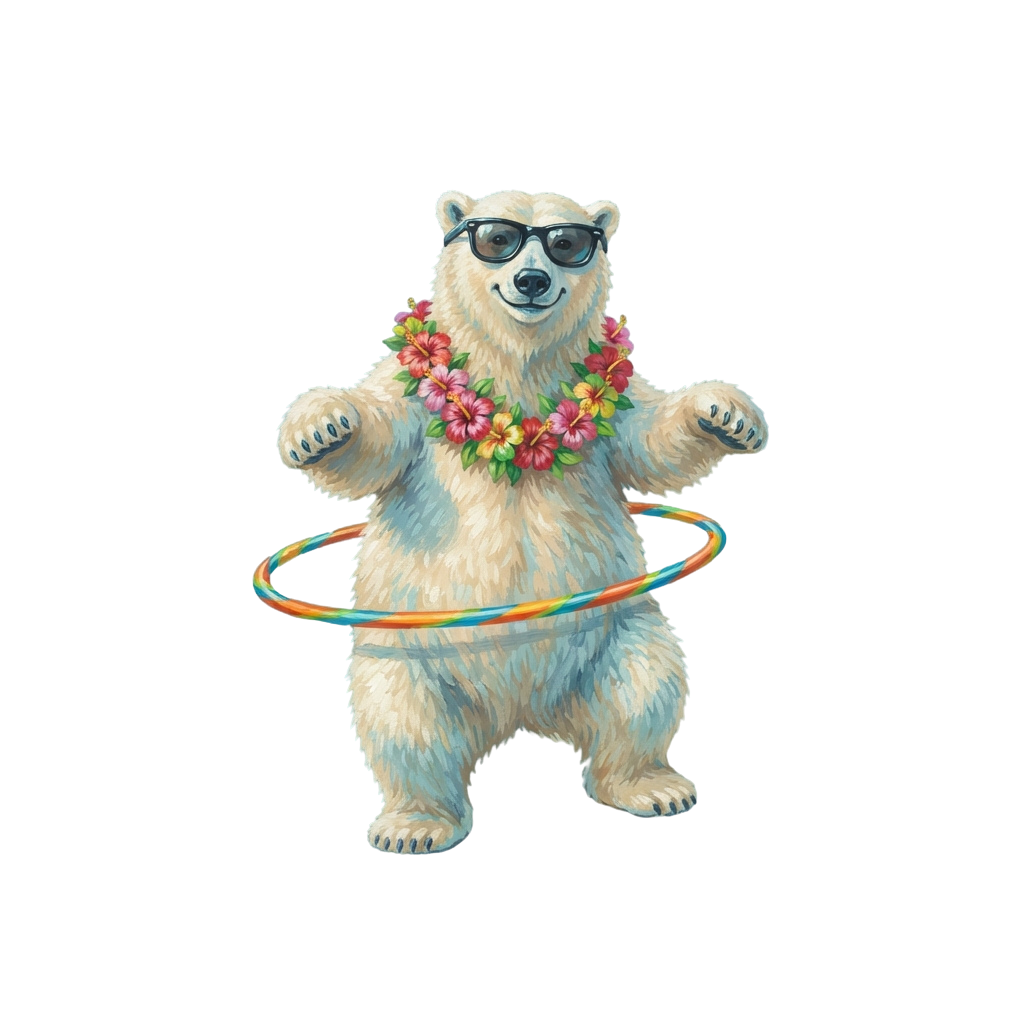 A smiling polar bear wearing sunglasses, a flower lei, and holding a rainbow-colored hula hoop