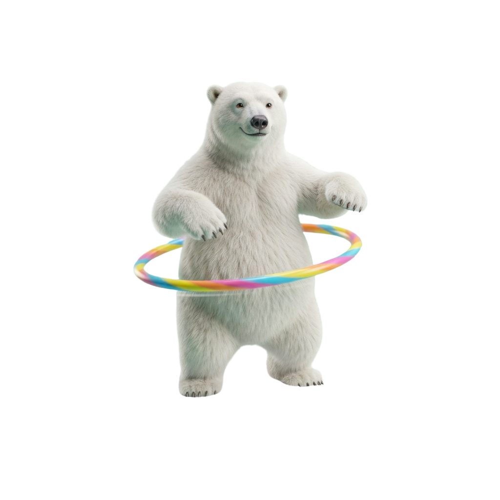 A smiling polar bear standing on hind legs holding a colorful hula hoop with front paws
