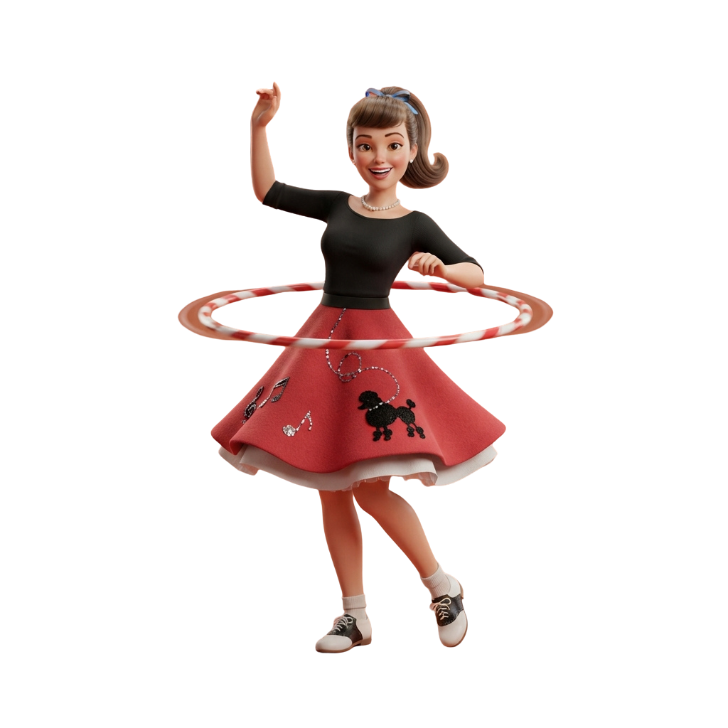 Animated character spinning a hula hoop while wearing a red dress with poodle designs and black top, smiling and waving