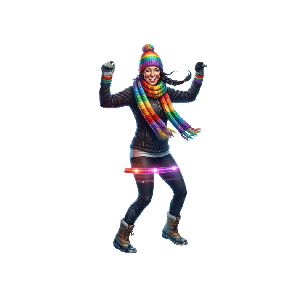 A person skating with arms raised, wearing a rainbow beanie, scarf, gloves, and boots on a dark background