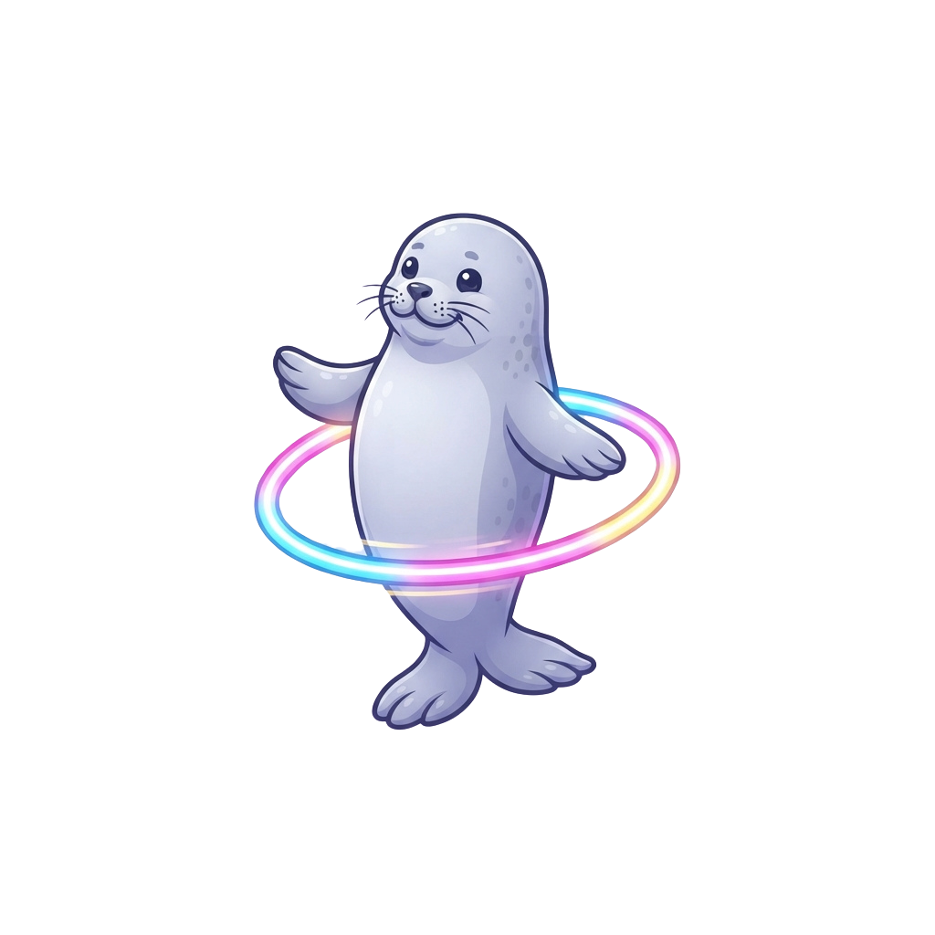 A smiling cartoon seal balancing a colorful hula hoop around its body