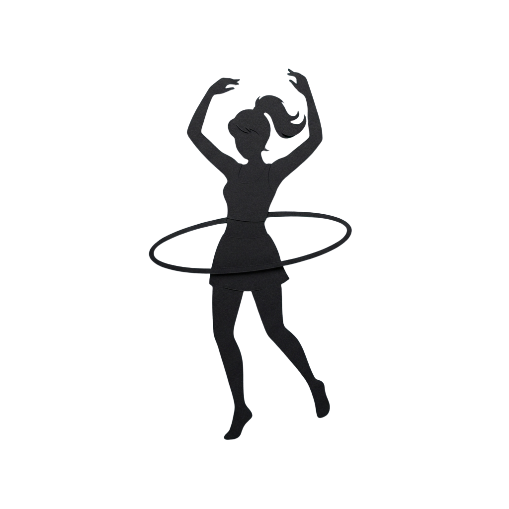 A silhouette of a person using a hula hoop while standing and raising arms.