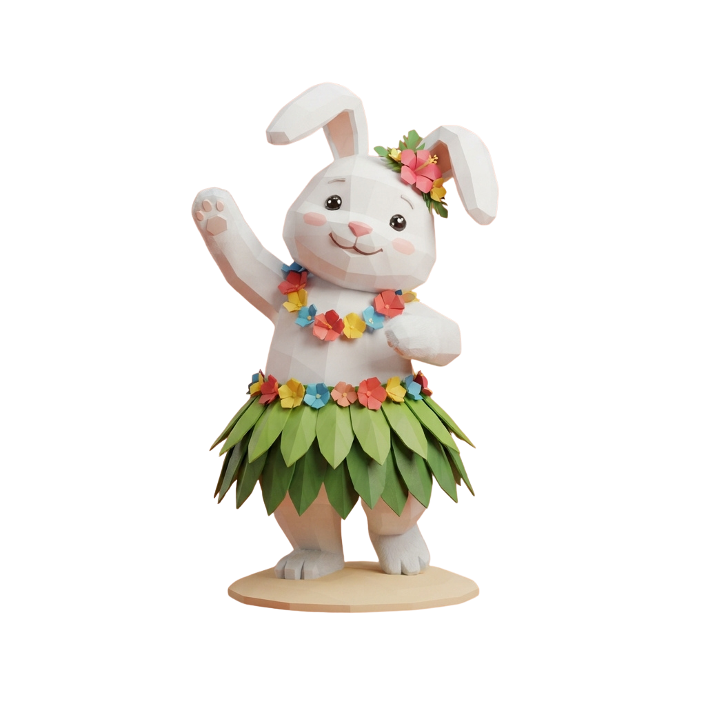 A smiling white rabbit figurine with a flower lei around its neck and waist, standing on a base.