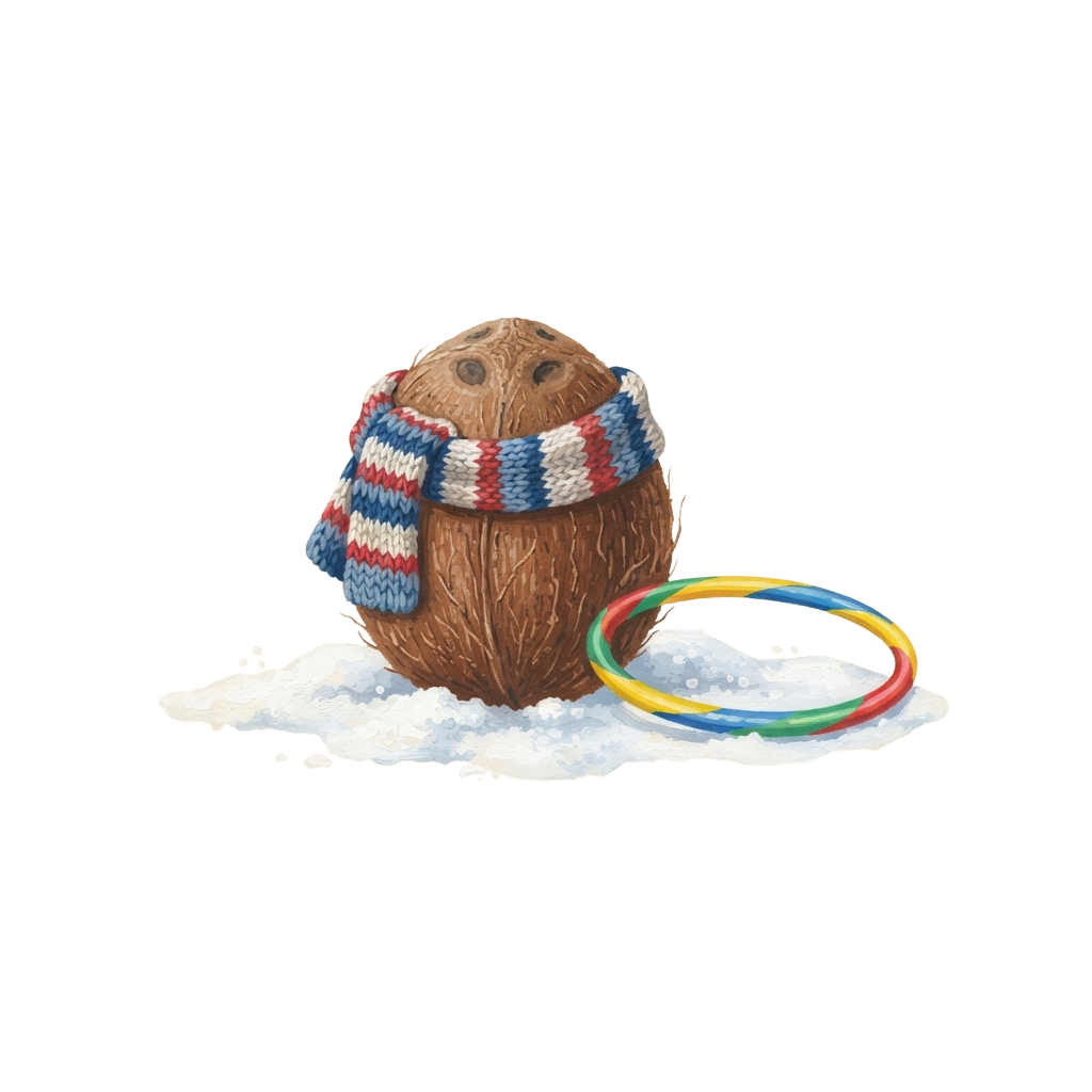A smiling coconut with a striped scarf sitting in snow next to a rainbow hula hoop
