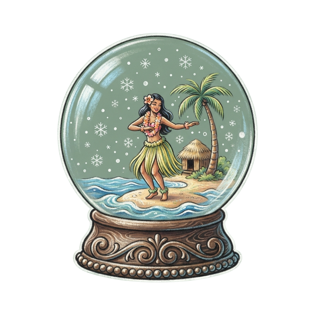 Snow globe showing a woman in a hula outfit dancing on a tropical island with palm trees and snowflakes