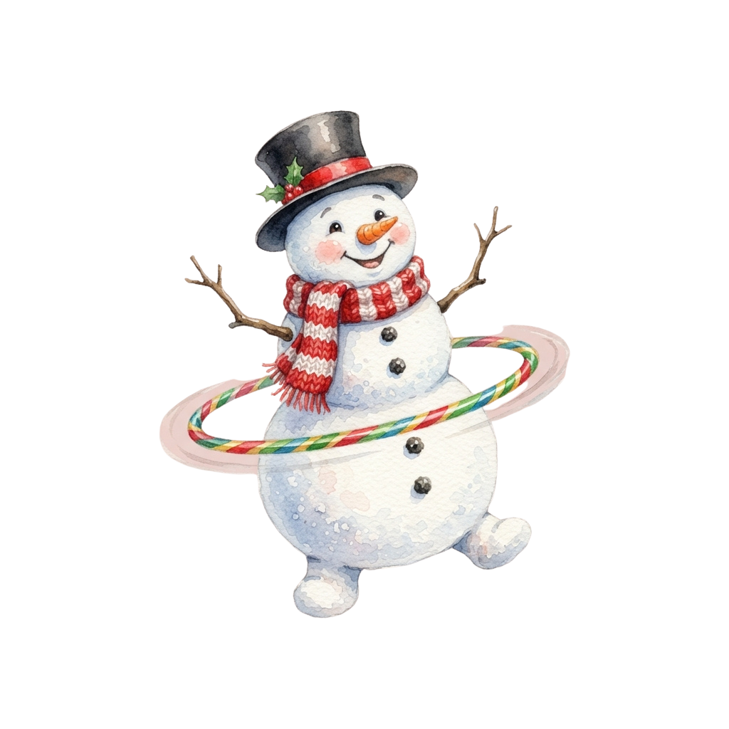 A cheerful snowman wearing a top hat, scarf, and performing with a rainbow hula hoop.