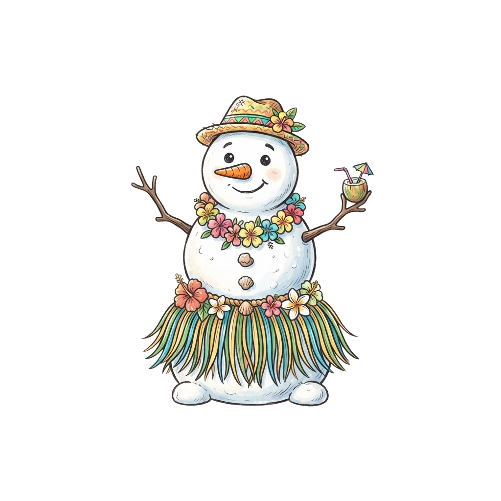A cheerful snowman wearing a straw hat, flower lei, and grass skirt, holding a drink with an umbrella