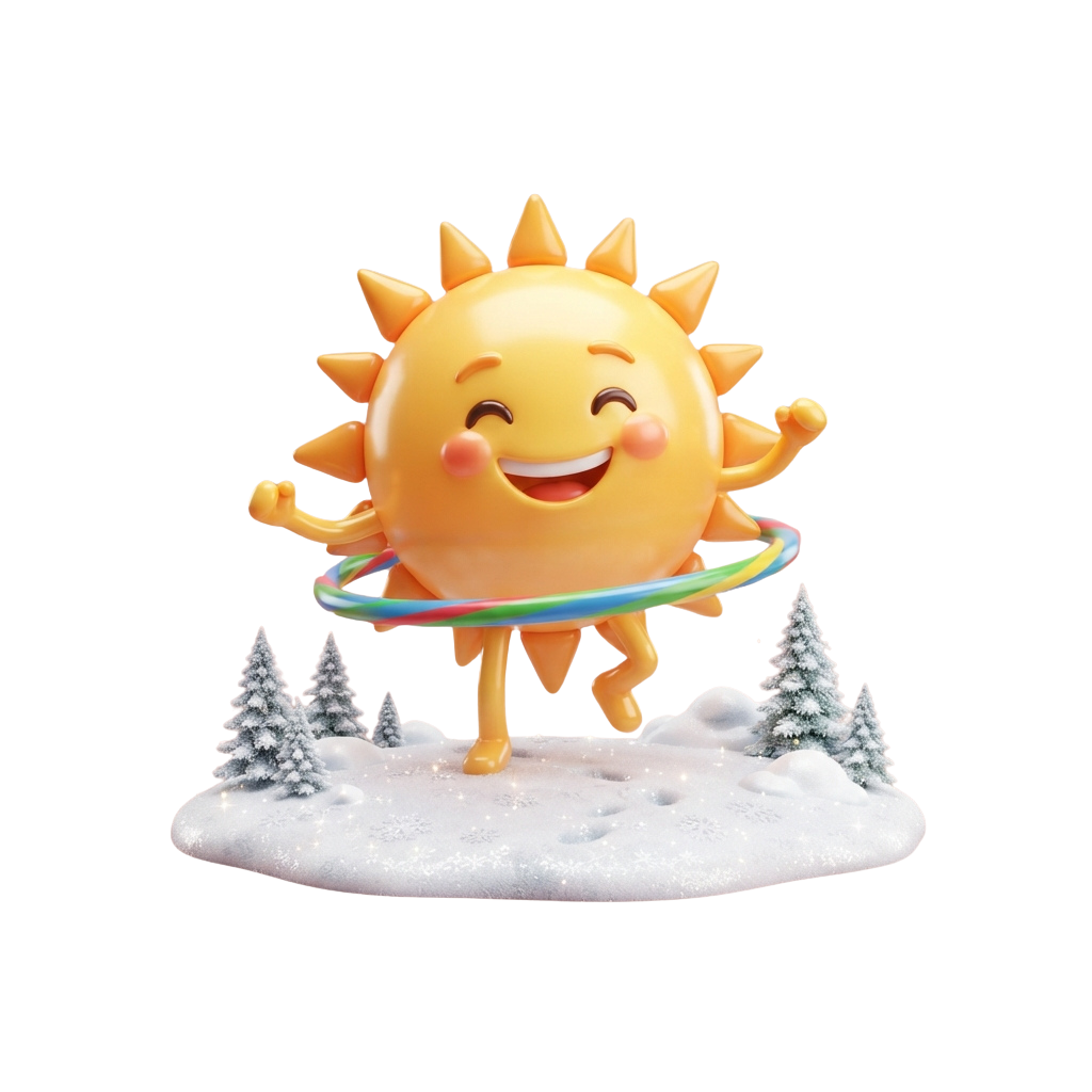 A smiling sun character with arms and legs performing a hula hoop trick in a snowy winter landscape with trees