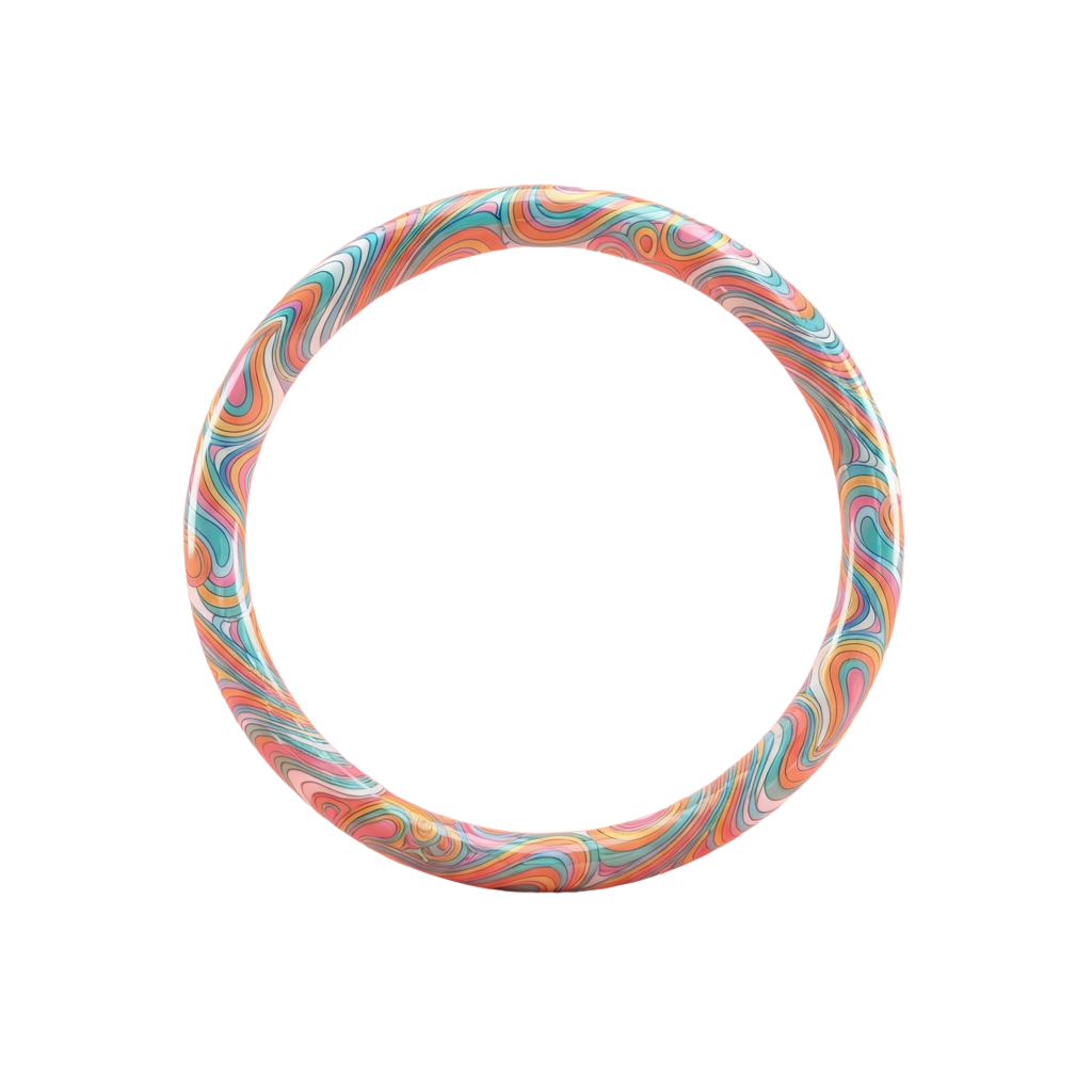 A circular ring with vibrant swirling patterns in pink, blue, and orange hues on a black background
