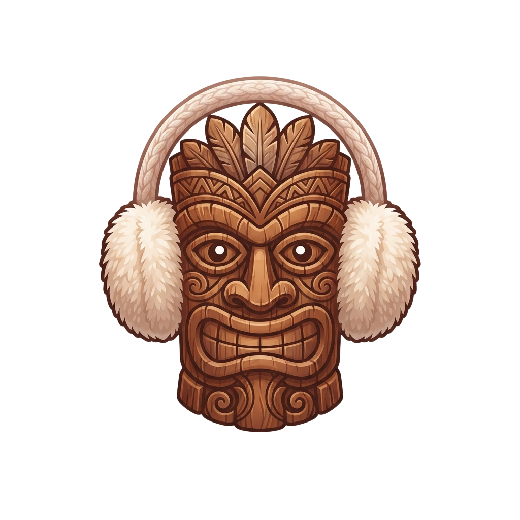 Wooden carved face with intricate patterns wearing pink earmuffs