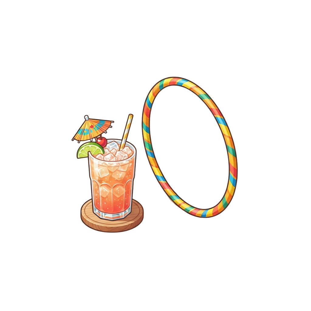 A colorful tropical drink with a straw and umbrella next to a rainbow hula hoop on a dark background
