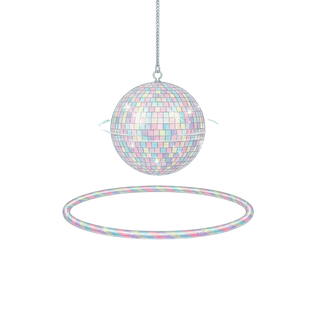 A shiny disco ball suspended above a glowing, rainbow-colored ring light against a black background